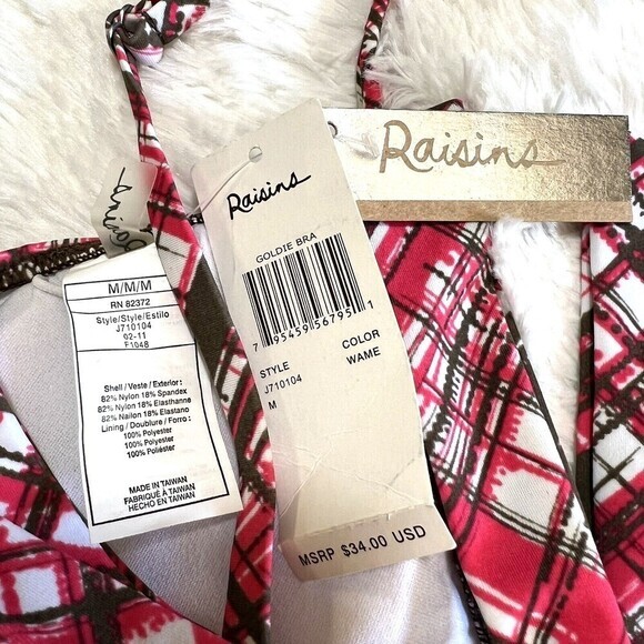 RAISINS Ruffle Bikini‎ Swim Top Size M Plaid Pink, Brown, White - Picture 15 of 16